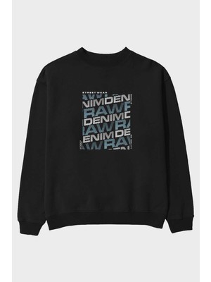 Ankhises Raw Denim Ön Baskılı Siyah Oversize Sweatshirt Erkek Kadın Bisiklet Yaka