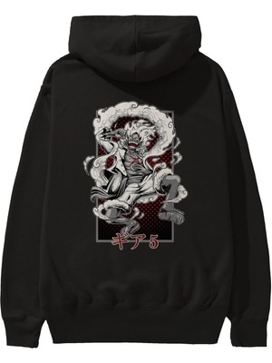 Ankhises Luffy Gear 5 Anime Arka Baskılı Siyah Oversize Kapüşonlu Sweatshirt Erkek Kadın