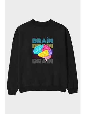 Ankhises Brain Yazılı Ön Baskılı Siyah Oversize Sweatshirt Erkek Kadın Bisiklet Yaka