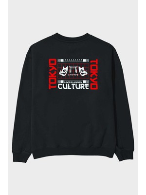 Ankhises Tokyo Live A Luxury Arka Baskılı Siyah Oversize Sweatshirt Erkek Kadın Bisiklet Yaka