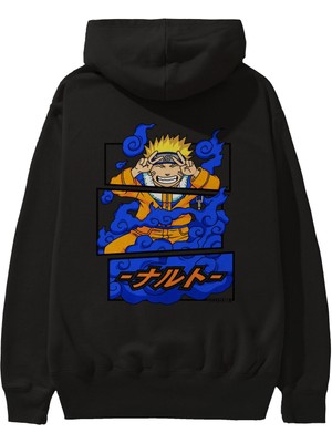 Ankhises Naruto Uzumaki Anime Arka Baskılı Siyah Oversize Kapüşonlu Sweatshirt Erkek Kadın