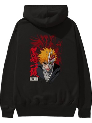 Ankhises Ichıgo Kurosakı Vızard Anime Arka Baskılı Siyah Oversize Kapüşonlu Sweatshirt Erkek Kadın