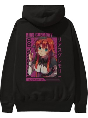 Ankhises Rias Gremory 10 Anime Arka Baskılı Siyah Oversize Kapüşonlu Sweatshirt Erkek Kadın