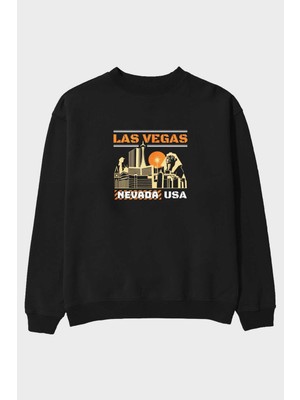 Ankhises Las Vegas Ön Baskılı Siyah Oversize Sweatshirt Erkek Kadın Bisiklet Yaka