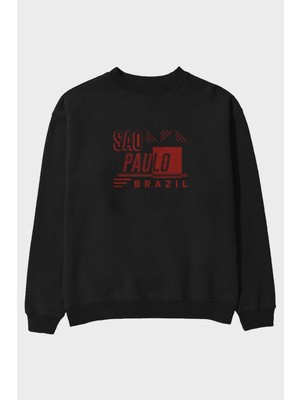 Ankhises Sao Paulo Ön Baskılı Siyah Oversize Sweatshirt Erkek Kadın Bisiklet Yaka