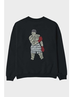Ankhises The Champ Muhammad Ali Arka Baskılı Siyah Oversize Sweatshirt Erkek Kadın Bisiklet Yaka