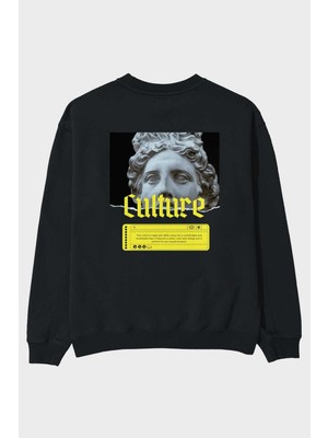 Ankhises Culture Yazılı Arka Baskılı Siyah Oversize Sweatshirt Erkek Kadın Bisiklet Yaka