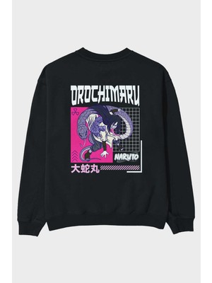 Ankhises Orochimaru Arka Baskılı Siyah Oversize Sweatshirt Erkek Kadın Bisiklet Yaka