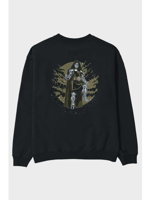 Ankhises Docter Doom Arka Baskılı Siyah Oversize Sweatshirt Erkek Kadın Bisiklet Yaka