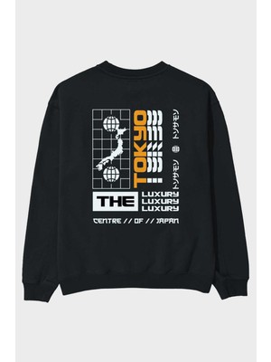 Ankhises The Luxury Centre Of Japan Arka Baskılı Siyah Oversize Sweatshirt Erkek Kadın Bisiklet Yaka