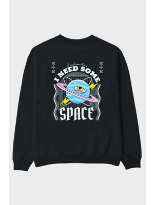 Ankhises I Need Some Space Arka Baskılı Siyah Oversize Sweatshirt Erkek Kadın Bisiklet Yaka