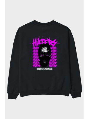 Ankhises Haters Brooklyn Street Arka Baskılı Siyah Oversize Sweatshirt Erkek Kadın Bisiklet Yaka