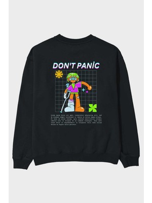 Ankhises Dont Panic Yazılı Arka Baskılı Siyah Oversize Sweatshirt Erkek Kadın Bisiklet Yaka