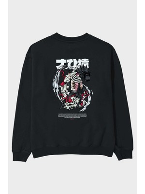 Ankhises Katakuri Anime Arka Baskılı Siyah Oversize Sweatshirt Erkek Kadın Bisiklet Yaka