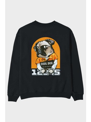 Ankhises Cool Dog Arka Baskılı Siyah Oversize Sweatshirt Erkek Kadın Bisiklet Yaka