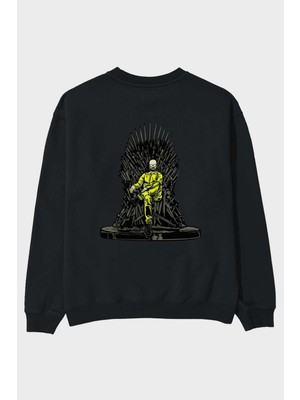 Ankhises Danger Throne Arka Baskılı Siyah Oversize Sweatshirt Erkek Kadın Bisiklet Yaka