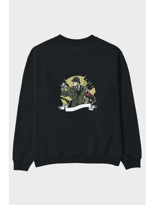 Ankhises Sherlock Holmes Arka Baskılı Siyah Oversize Sweatshirt Erkek Kadın Bisiklet Yaka