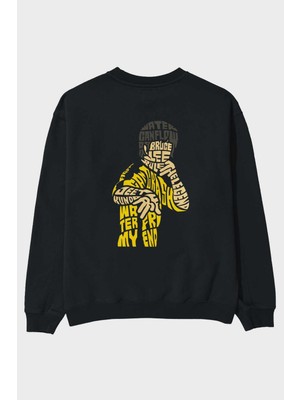 Ankhises Bruce Lee Arka Baskılı Siyah Oversize Sweatshirt Erkek Kadın Bisiklet Yaka