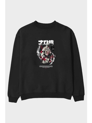Ankhises Katakuri Anime Ön Baskılı Siyah Oversize Sweatshirt Erkek Kadın Bisiklet Yaka