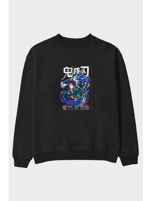Ankhises Tanjıro Kamado 2 Anime Ön Baskılı Siyah Oversize Sweatshirt Erkek Kadın Bisiklet Yaka