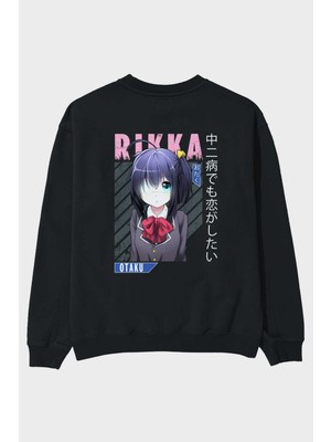 Ankhises Rikka Takanashi 9 Anime Arka Baskılı Siyah Oversize Sweatshirt Erkek Kadın Bisiklet Yaka