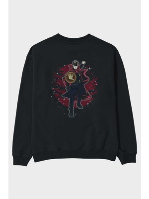 Ankhises Docter Strange Arka Baskılı Siyah Oversize Sweatshirt Erkek Kadın Bisiklet Yaka