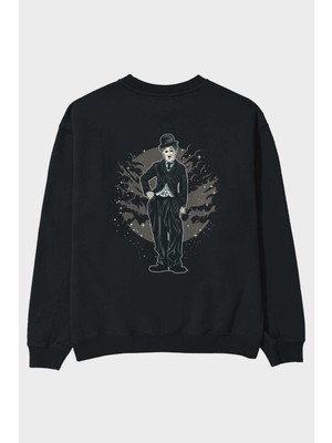 Ankhises Chaplın Arka Baskılı Siyah Oversize Sweatshirt Erkek Kadın Bisiklet Yaka