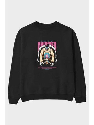 Ankhises Tony Tony Chopper Anime Ön Baskılı Siyah Oversize Sweatshirt Erkek Kadın Bisiklet Yaka