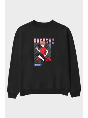Ankhises Kagura Gıntama 1 Anime Ön Baskılı Siyah Oversize Sweatshirt Erkek Kadın Bisiklet Yaka