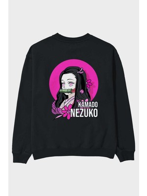 Ankhises Nezuko Kamado 2 Anime Arka Baskılı Siyah Oversize Sweatshirt Erkek Kadın Bisiklet Yaka