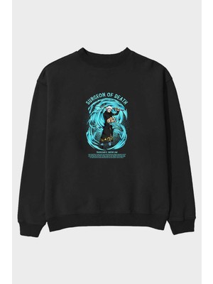 Ankhises Trafalgad D. Water Law Anime Ön Baskılı Siyah Oversize Sweatshirt Erkek Kadın Bisiklet Yaka