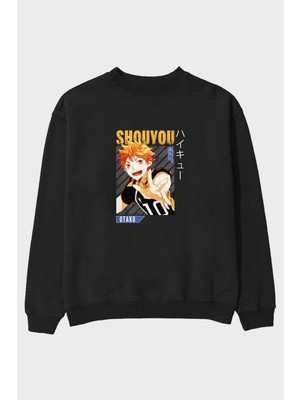 Ankhises Shouyou Hinata 9 Anime Ön Baskılı Siyah Oversize Sweatshirt Erkek Kadın Bisiklet Yaka