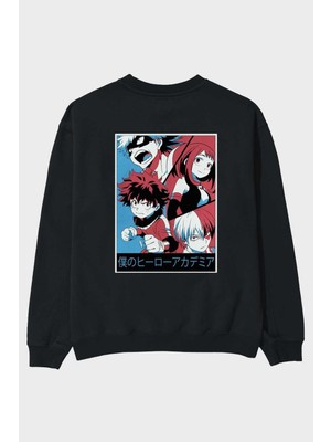 Ankhises Bokunohero Anime Arka Baskılı Siyah Oversize Sweatshirt Erkek Kadın Bisiklet Yaka