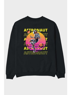 Ankhises Astronaut Streetwear 2 Arka Baskılı Siyah Oversize Sweatshirt Erkek Kadın Bisiklet Yaka