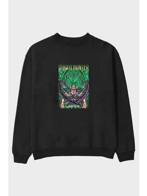 Ankhises Roronoa Zoro 3 Anime Ön Baskılı Siyah Oversize Sweatshirt Erkek Kadın Bisiklet Yaka