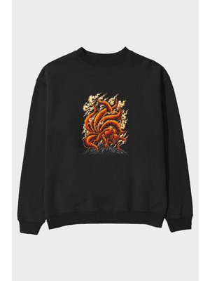 Ankhises Naruto Kyuubı Anime Ön Baskılı Siyah Oversize Sweatshirt Erkek Kadın Bisiklet Yaka