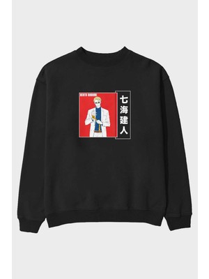 Ankhises Kento Nanami 1 Anime Ön Baskılı Siyah Oversize Sweatshirt Erkek Kadın Bisiklet Yaka