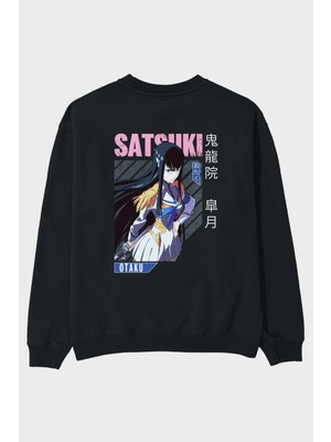 Ankhises Satsuki Kiryuuin 8 Anime Arka Baskılı Siyah Oversize Sweatshirt Erkek Kadın Bisiklet Yaka