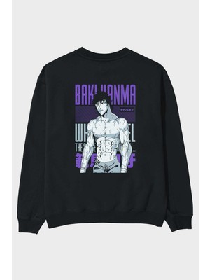 Ankhises Bakı Hanma (2) Anime Arka Baskılı Siyah Oversize Sweatshirt Erkek Kadın Bisiklet Yaka