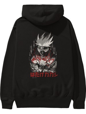 Ankhises Kakashı Hatake Naruto 1 Anime Arka Baskılı Siyah Oversize Kapüşonlu Sweatshirt Erkek Kadın