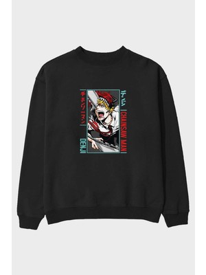 Ankhises Denji Chainsaw Man Anime Ön Baskılı Siyah Oversize Sweatshirt Erkek Kadın Bisiklet Yaka