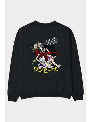 Ankhises Luffyacekaido Anime Arka Baskılı Siyah Oversize Sweatshirt Erkek Kadın Bisiklet Yaka