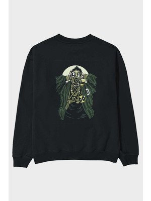 Ankhises Gasmask Gangsta Arka Baskılı Siyah Oversize Sweatshirt Erkek Kadın Bisiklet Yaka