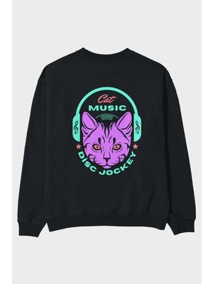 Ankhises Cat Music Arka Baskılı Siyah Oversize Sweatshirt Erkek Kadın Bisiklet Yaka