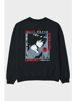 Ankhises Death Note Anime Arka Baskılı Siyah Oversize Sweatshirt Erkek Kadın Bisiklet Yaka