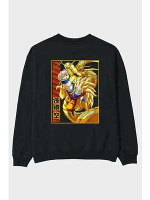 Ankhises Dragonball Goku Anime Arka Baskılı Siyah Oversize Sweatshirt Erkek Kadın Bisiklet Yaka