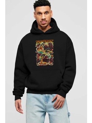 Ankhises Monkey D. Luffy Anime Ön Baskılı Siyah Oversize Kapüşonlu Sweatshirt Erkek Kadın
