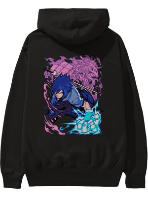 Ankhises Naruto Sasuke Uchıha 2 Anime Arka Baskılı Siyah Oversize Kapüşonlu Sweatshirt Erkek Kadın