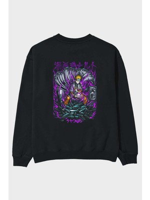 Ankhises Naruto Anime Arka Baskılı Siyah Oversize Sweatshirt Erkek Kadın Bisiklet Yaka