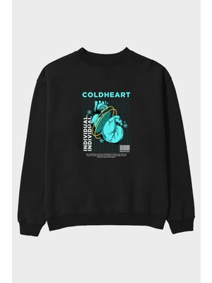 Ankhises Cold Heart Ön Baskılı Siyah Oversize Sweatshirt Erkek Kadın Bisiklet Yaka